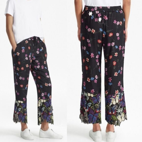 French Connection Wide Leg Crochet Floral Boho Pants Lyocell Lace Mix Trousers 2 - Picture 1 of 15